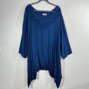 HolyClothing Tunic Womens 5X Blue Solid Embroidered Sharkbite Boho Renaissance